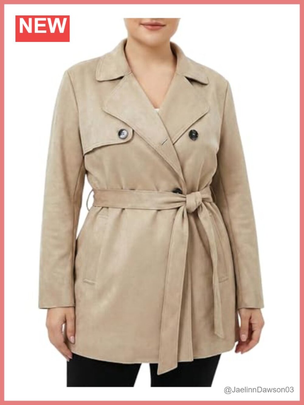 Faux Suede Trench Coat Double-Breasted Belted Business Casual